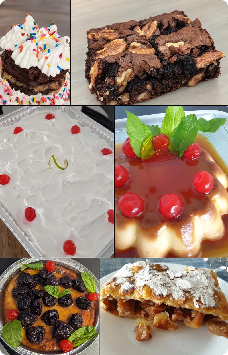 A collage of Spoonger desserts including tres leches cake, brownies, pudding and pastries